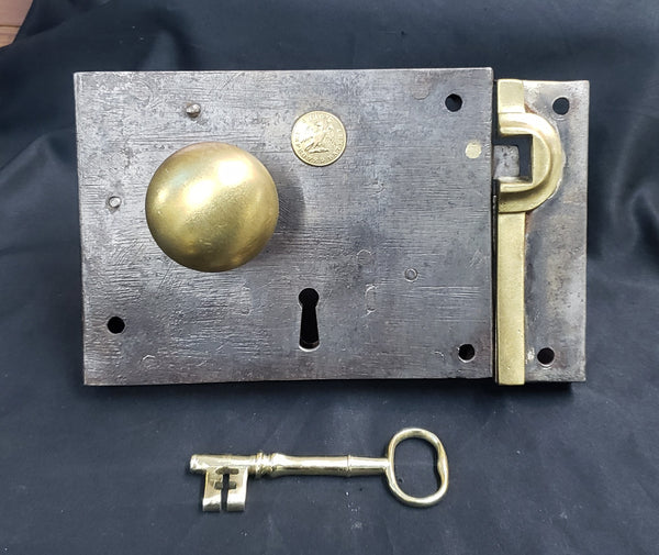 Restored Right Side Shaws Rim Lock Set with Key 6" x  4 1/2" GS00301