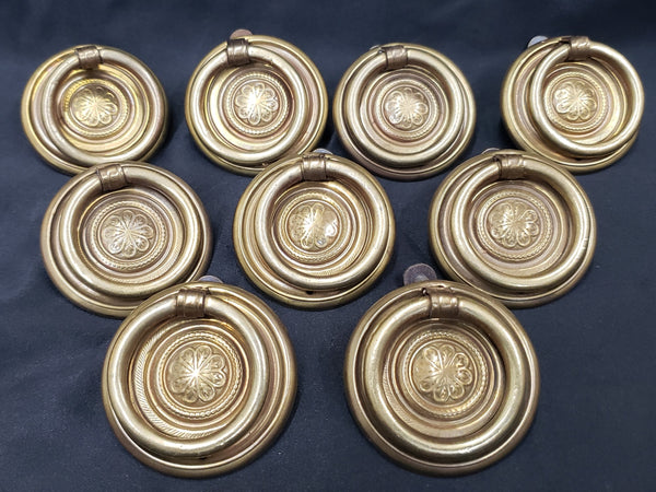 9 Ornate Round Brass Furniture Drop Pulls with Screws 1  7/8" Round GS00310