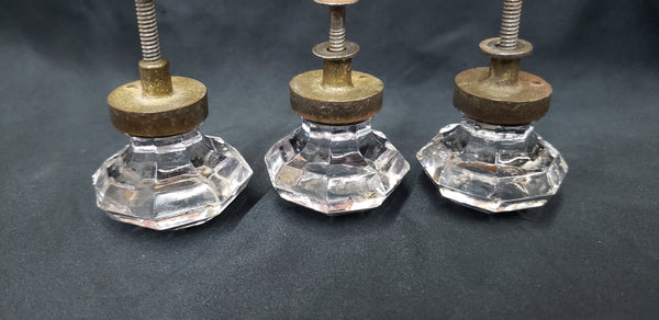 Set of  3 Octagon Shaped Solid Glass Furniture Knobs with Brass Trim GS00312