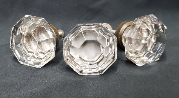 Set of  3 Octagon Shaped Solid Glass Furniture Knobs with Brass Trim GS00312