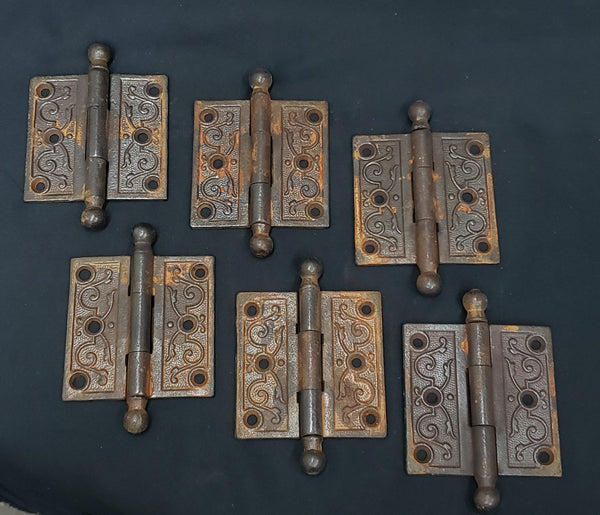 6 Cast Iron Victorian Eastlake Hinges with Ball Finials 3" x 3" GS00326