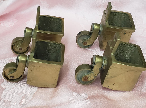 4 Large Solid Brass Square Furniture Leg Cap Covers with Casters GS00327