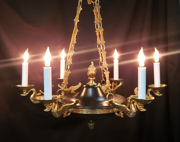 6 Light Ornate Gold Gilt Empire Chandelier with Swan Candle Holders GS00328