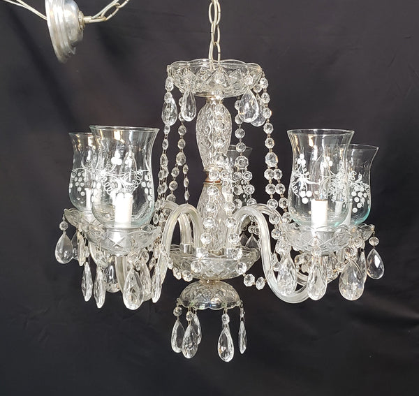 5 Light Crystal Chandelier w/ Etched Glass Shades & Canopy Top 21" x 19" GS00416