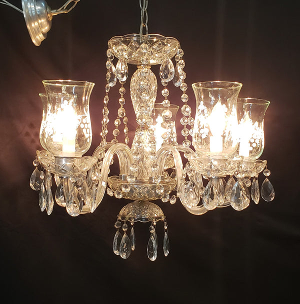 5 Light Crystal Chandelier w/ Etched Glass Shades & Canopy Top 21" x 19" GS00416