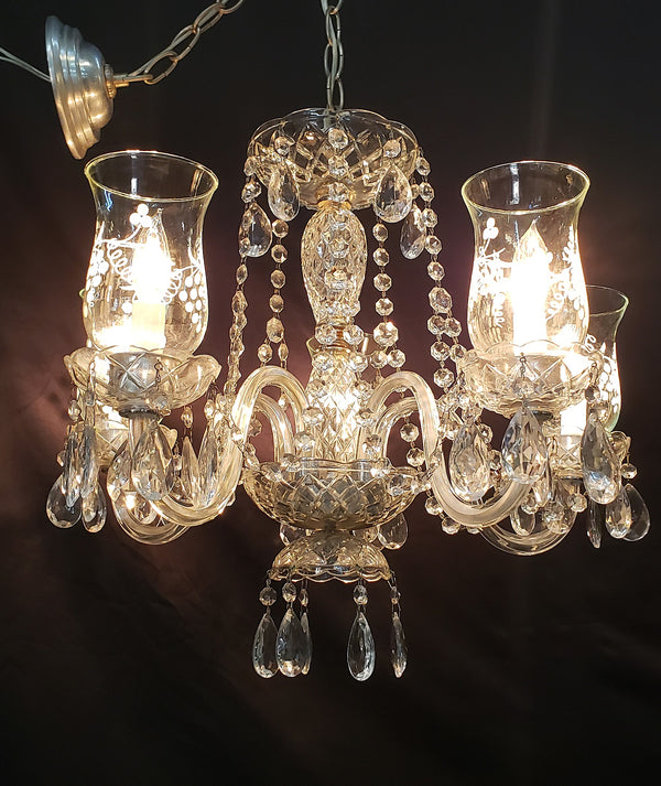 5 Light Crystal Chandelier w/ Etched Glass Shades & Canopy Top 21" x 19" GS00416
