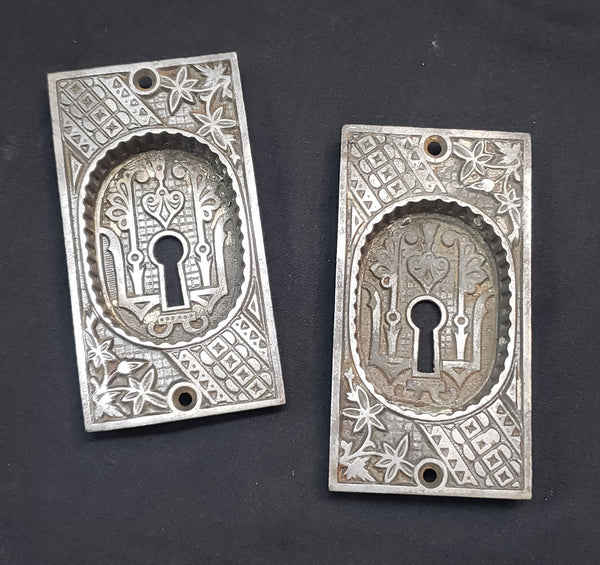 Restored Victorian Eastlake Pocket Door Plates w/ Key Holes  4" x 2 1/8" GS00421