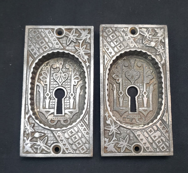Restored Victorian Eastlake Pocket Door Plates w/ Key Holes  4" x 2 1/8" GS00421