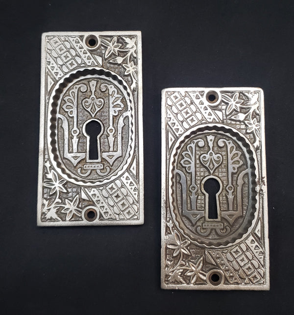 Restored Victorian Eastlake Pocket Door Plates w/ Key Holes  4" x 2 1/8" GS00422