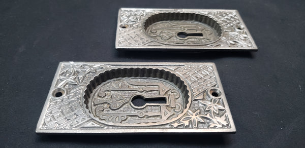 Restored Victorian Eastlake Pocket Door Plates w/ Key Holes  4" x 2 1/8" GS00422