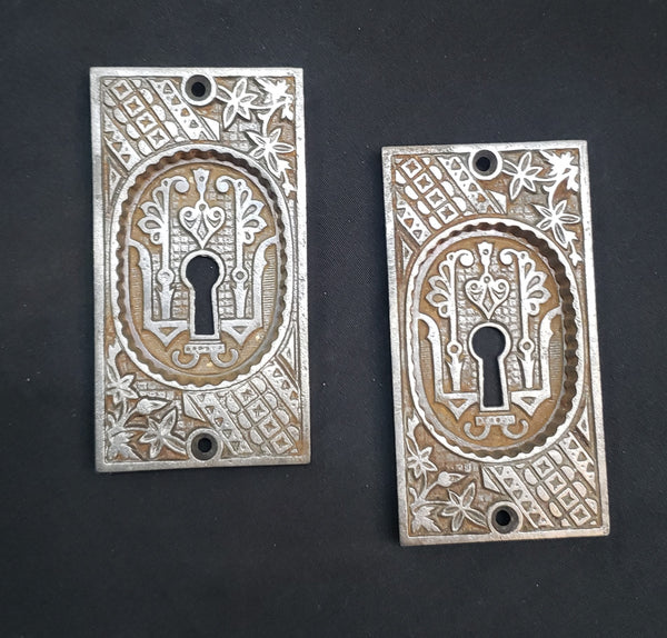 Restored Victorian Eastlake Pocket Door Plates w/ Key Holes  4" x 2 1/8" GS00423