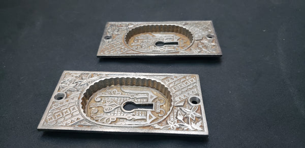 Restored Victorian Eastlake Pocket Door Plates w/ Key Holes  4" x 2 1/8" GS00423