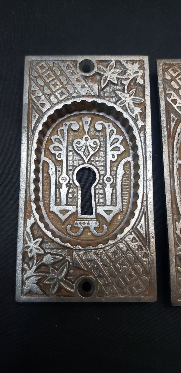 Restored Victorian Eastlake Pocket Door Plates w/ Key Holes  4" x 2 1/8" GS00423