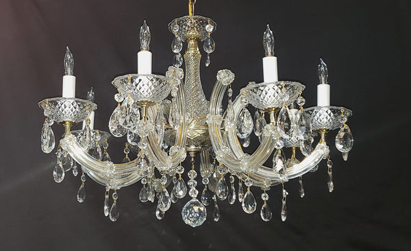 8 Light Chandelier with Canopy Top Brass Trim & Crystal Flower Prisms GS00426