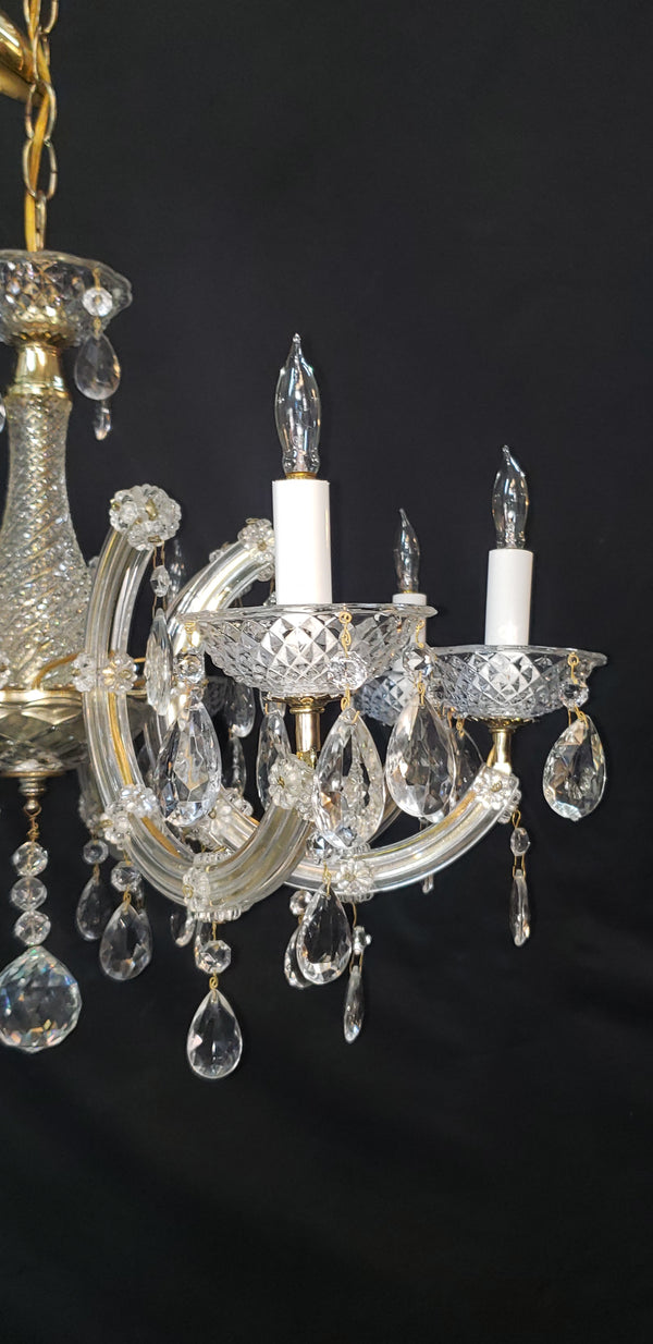 8 Light Chandelier with Canopy Top Brass Trim & Crystal Flower Prisms GS00426