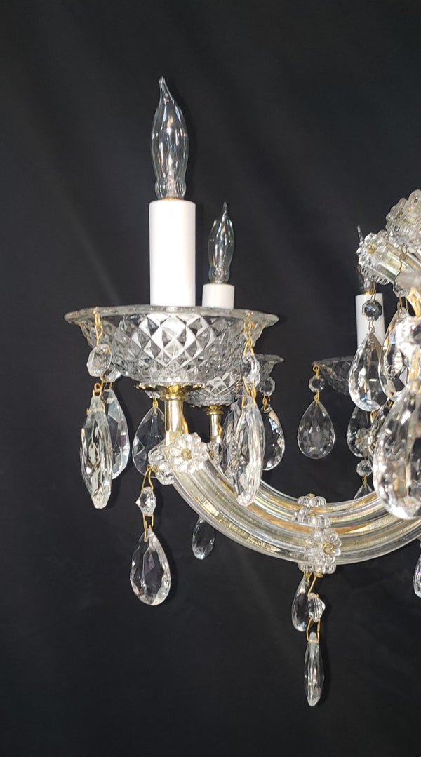 8 Light Chandelier with Canopy Top Brass Trim & Crystal Flower Prisms GS00426