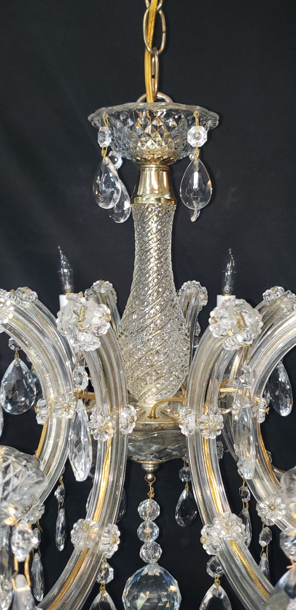 8 Light Chandelier with Canopy Top Brass Trim & Crystal Flower Prisms GS00426