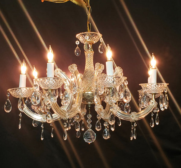 8 Light Chandelier with Canopy Top Brass Trim & Crystal Flower Prisms GS00426