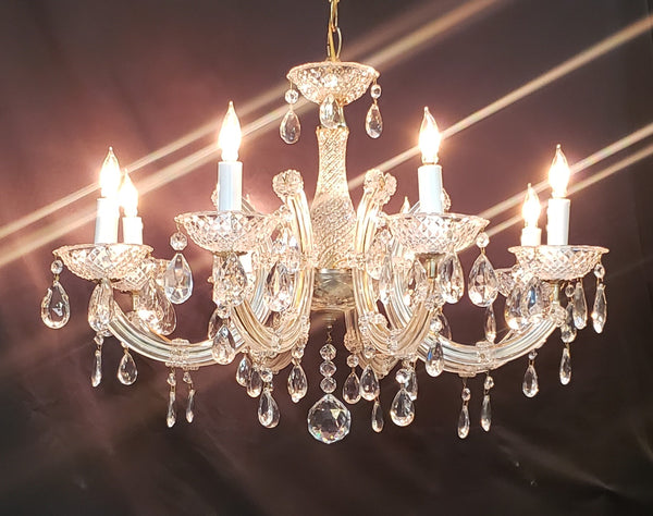 8 Light Chandelier with Canopy Top Brass Trim & Crystal Flower Prisms GS00426