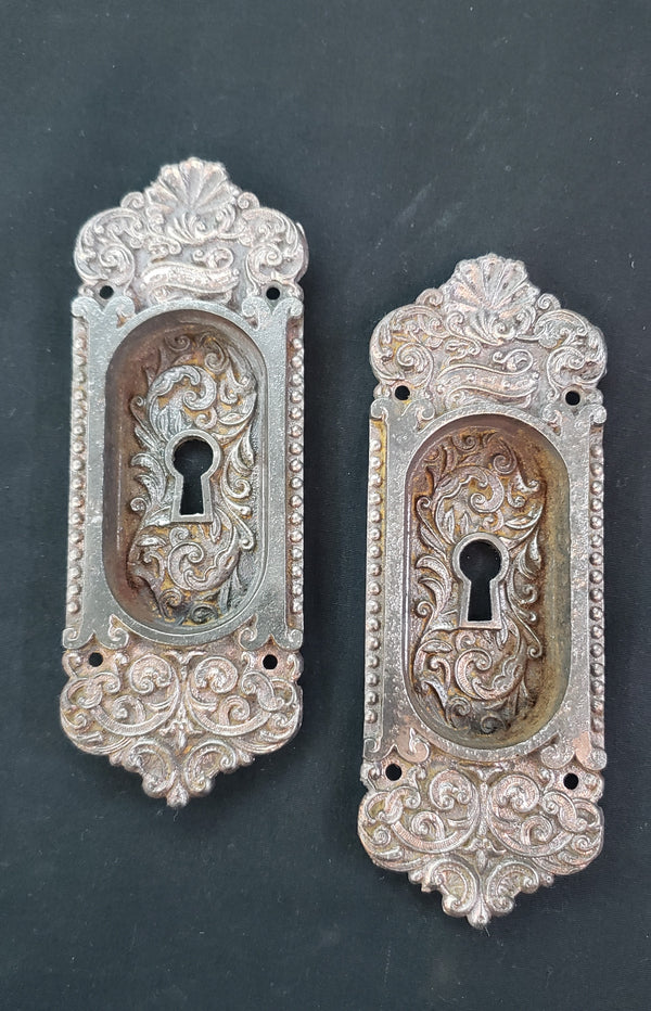 Restored Victorian Eastlake Pocket Door Key Hole Plates  6 1/4" x 2 1/4" GS00427