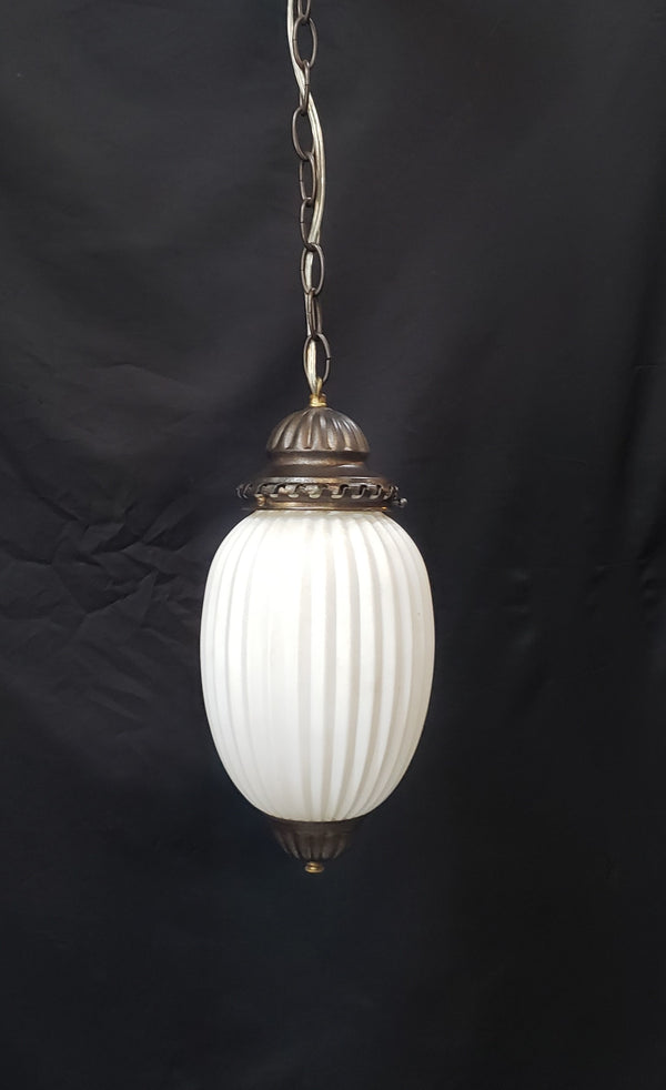 Vintage White Glass Ribbed Pendant Light w/ Brushed Bronze Trim 14" x 7" GS00436