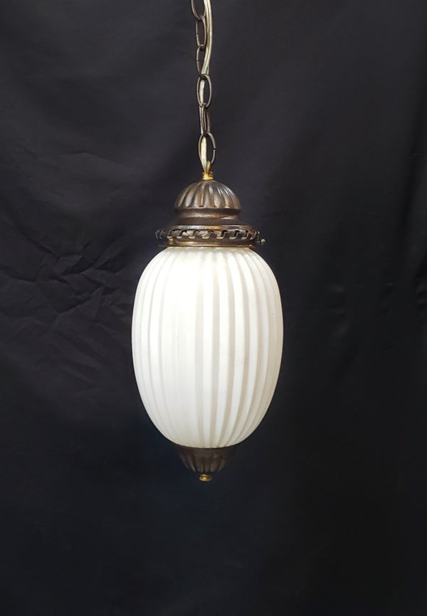 Vintage White Glass Ribbed Pendant Light w/ Brushed Bronze Trim 14" x 7" GS00436