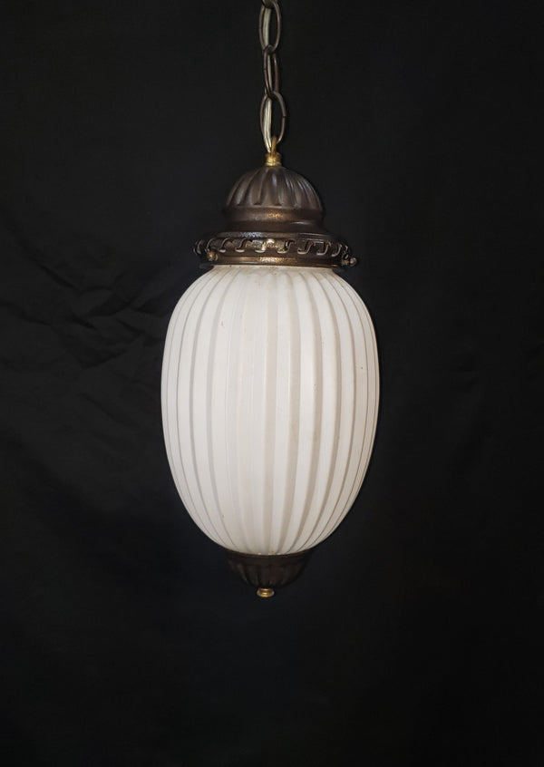 Vintage White Glass Ribbed Pendant Light w/ Brushed Bronze Trim 14" x 7" GS00436