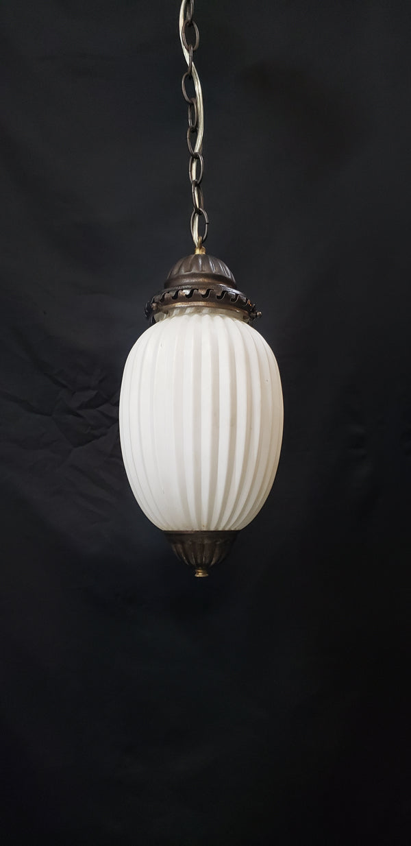 Vintage White Glass Ribbed Pendant Light w/ Brushed Bronze Trim 14" x 7" GS00436