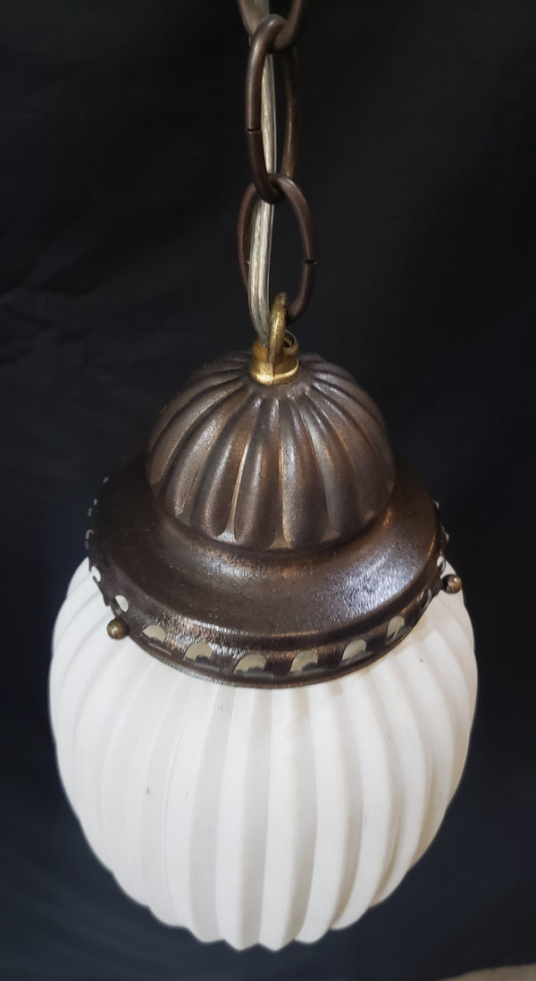 Vintage White Glass Ribbed Pendant Light w/ Brushed Bronze Trim 14" x 7" GS00436