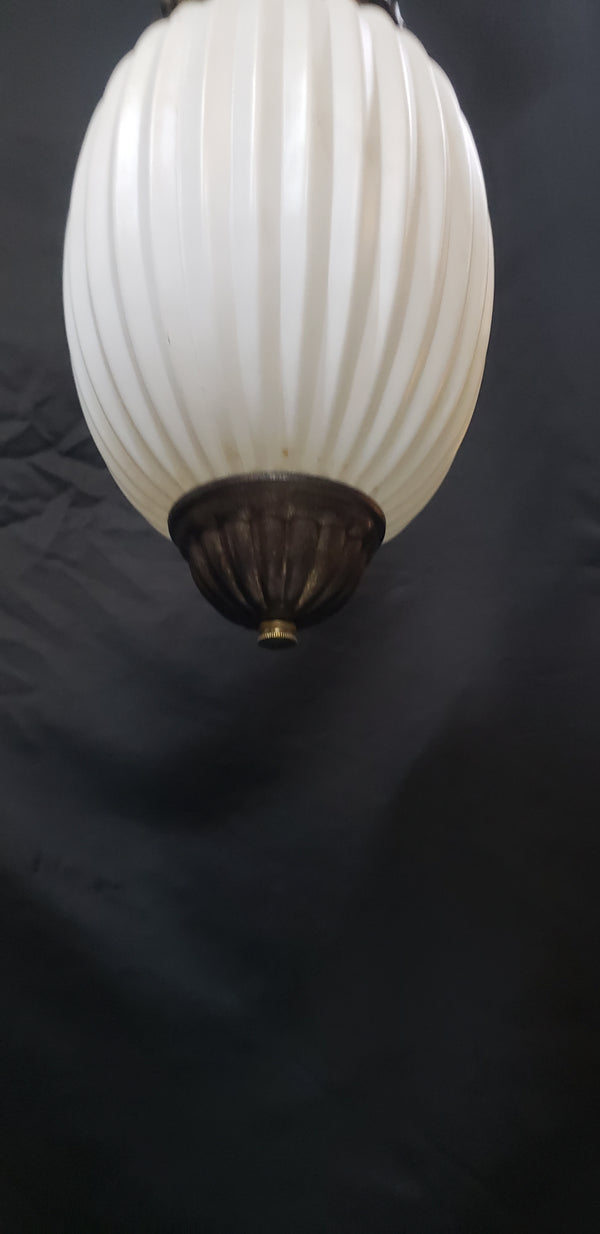 Vintage White Glass Ribbed Pendant Light w/ Brushed Bronze Trim 14" x 7" GS00436