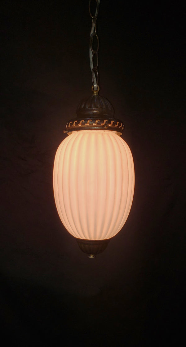 Vintage White Glass Ribbed Pendant Light w/ Brushed Bronze Trim 14" x 7" GS00436