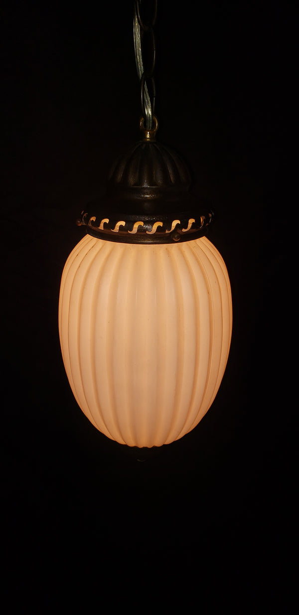 Vintage White Glass Ribbed Pendant Light w/ Brushed Bronze Trim 14" x 7" GS00436