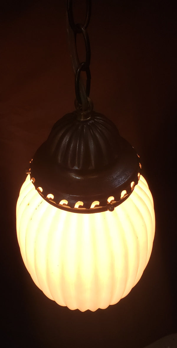Vintage White Glass Ribbed Pendant Light w/ Brushed Bronze Trim 14" x 7" GS00436