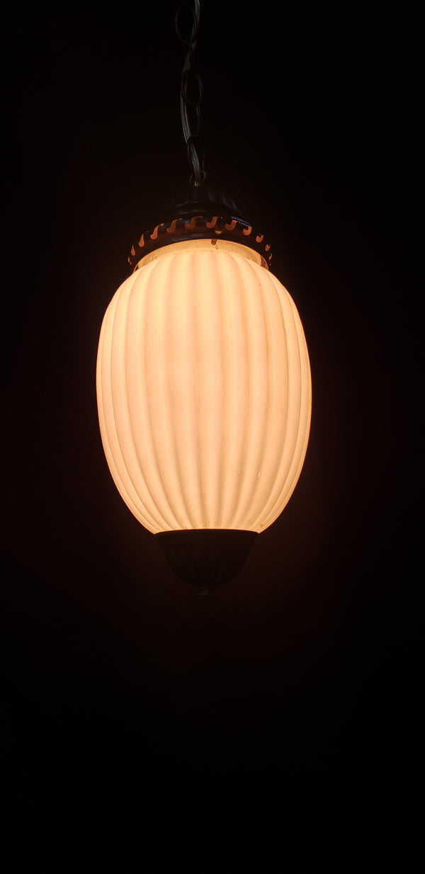 Vintage White Glass Ribbed Pendant Light w/ Brushed Bronze Trim 14" x 7" GS00436