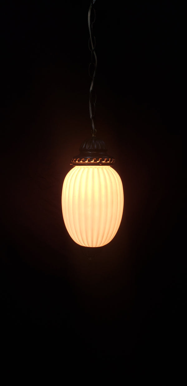 Vintage White Glass Ribbed Pendant Light w/ Brushed Bronze Trim 14" x 7" GS00436