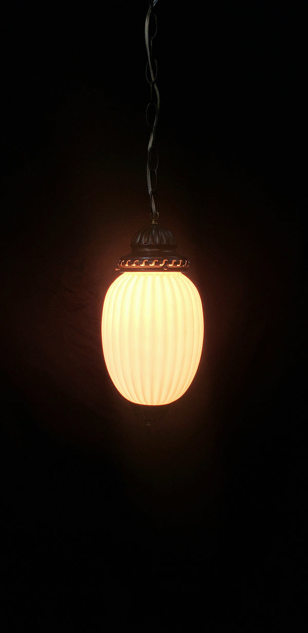 Vintage White Glass Ribbed Pendant Light w/ Brushed Bronze Trim 14" x 7" GS00436