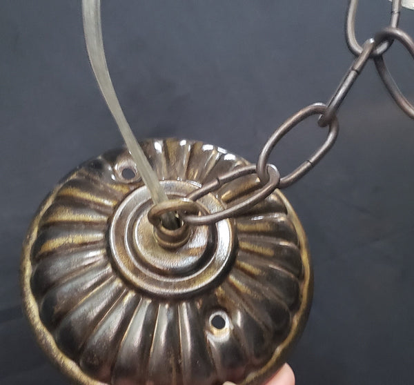 Vintage White Glass Ribbed Pendant Light w/ Brushed Bronze Trim 14" x 7" GS00436