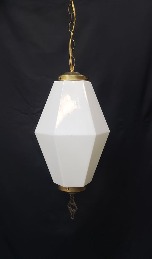 Huge Hexagon Milk White Glass Pendant Fixture with Brass Trim  22" x 11" GS00437