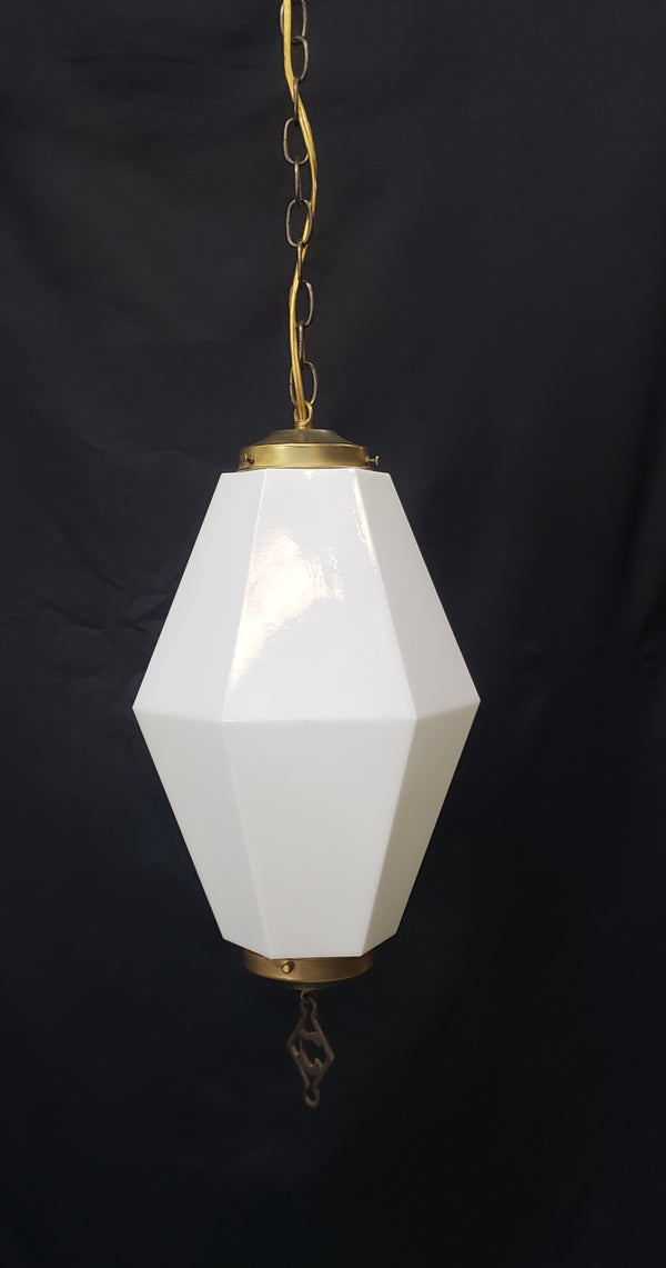 Huge Hexagon Milk White Glass Pendant Fixture with Brass Trim  22" x 11" GS00437