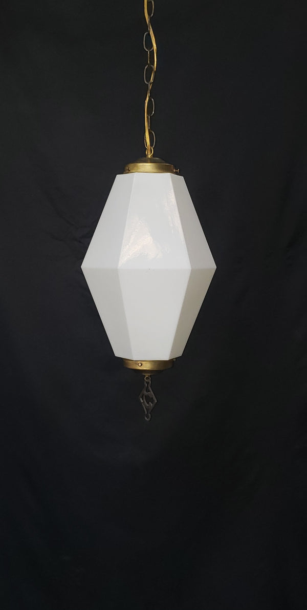 Huge Hexagon Milk White Glass Pendant Fixture with Brass Trim  22" x 11" GS00437