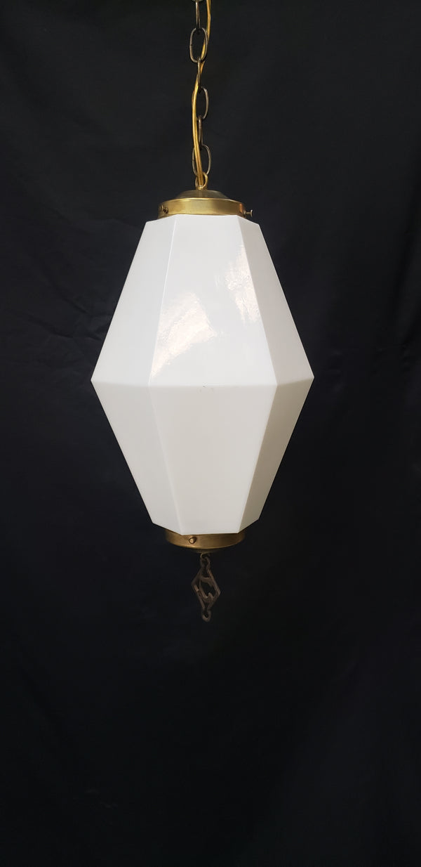 Huge Hexagon Milk White Glass Pendant Fixture with Brass Trim  22" x 11" GS00437