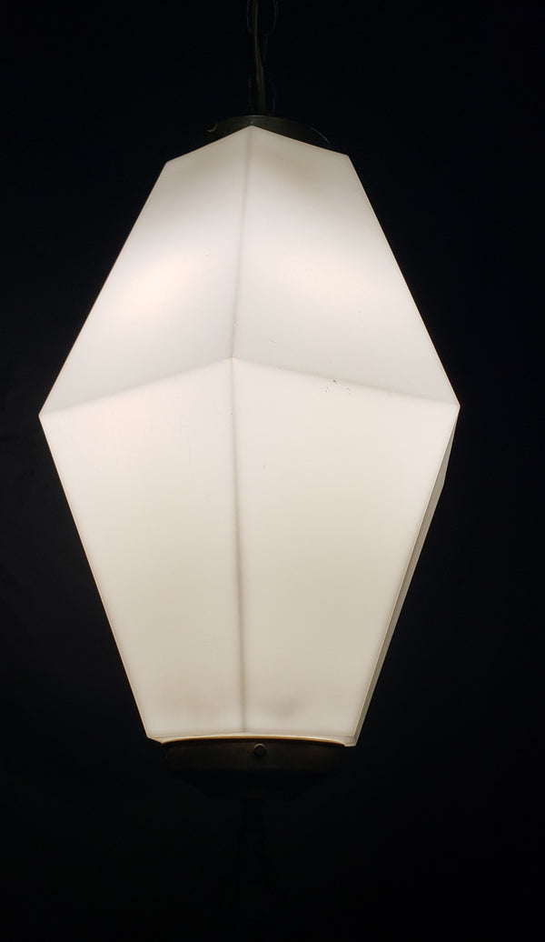 Huge Hexagon Milk White Glass Pendant Fixture with Brass Trim  22" x 11" GS00437
