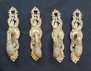 4  Art Nouveau Solid Brass Dummy Door Handles w/ Back Plates 8 1/4