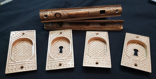 Restored Victorian Eastlake Pocket Door Lock Set w/ Key Hole Plates GS00439
