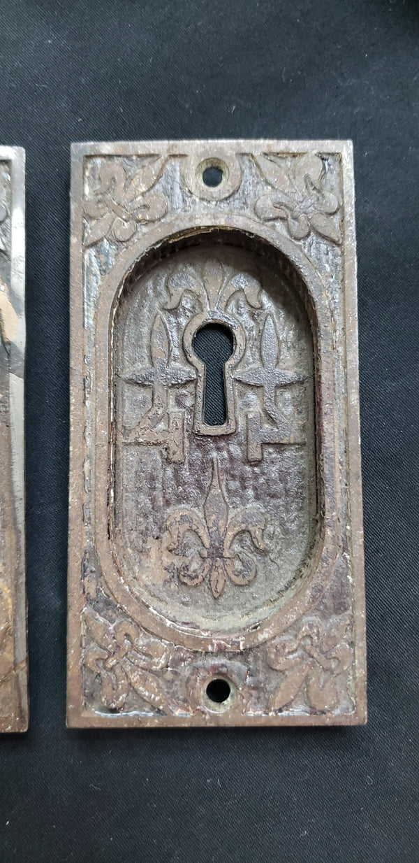 Ornate Pocket Door Lock with 2 Key Hole Plates  4 3/4" x 3 1/2" GS00440