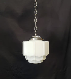 Art Deco Milk White Pendant Light w/ Scalloped Tiers & Ribbed Accents GS00441