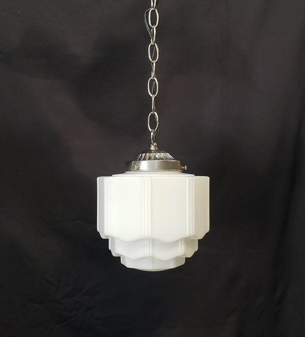 Art Deco Milk White Pendant Light w/ Scalloped Tiers & Ribbed Accents GS00441