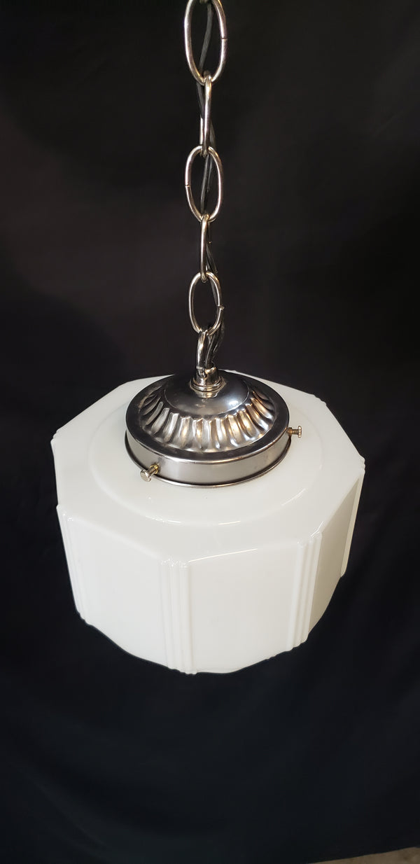 Art Deco Milk White Pendant Light w/ Scalloped Tiers & Ribbed Accents GS00441