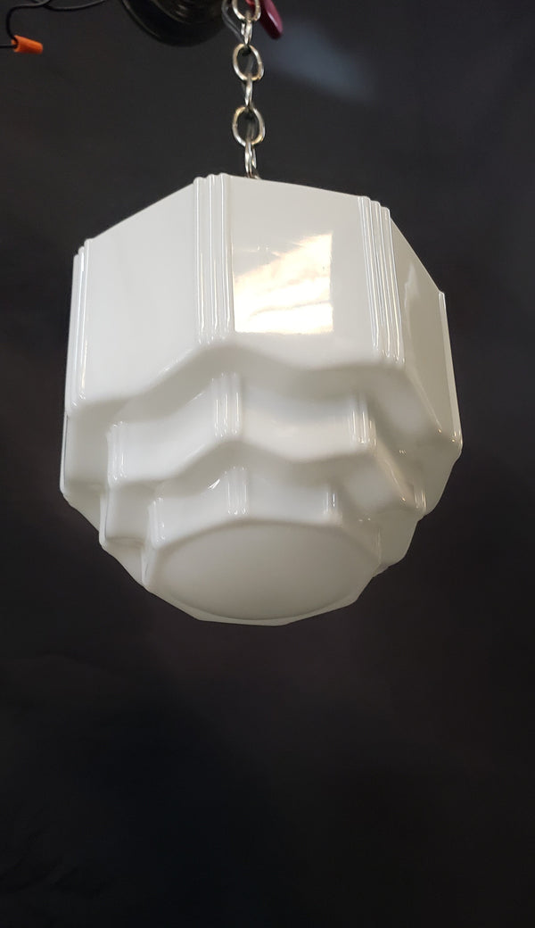 Art Deco Milk White Pendant Light w/ Scalloped Tiers & Ribbed Accents GS00441