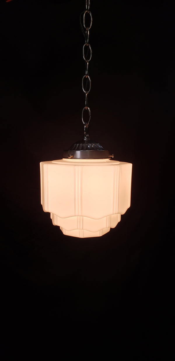 Art Deco Milk White Pendant Light w/ Scalloped Tiers & Ribbed Accents GS00441